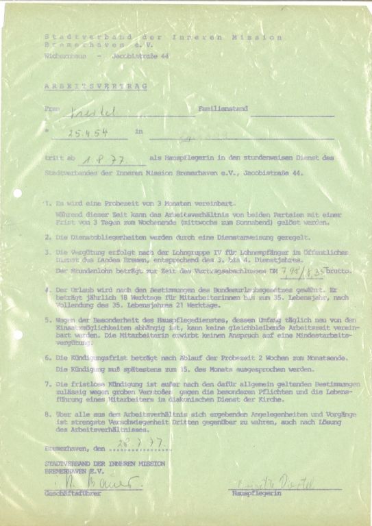 Brigitte Viertels erster Arbeitsvertrag  - 1977 eingestellt als Hauspflegerin beim Standverband der Inneren Mission Bremerhaven